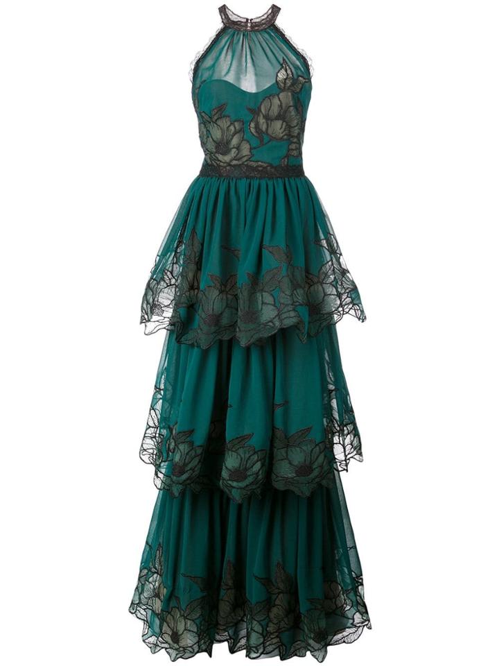 Marchesa Notte Floral Embroidered Halterneck Gown - Green