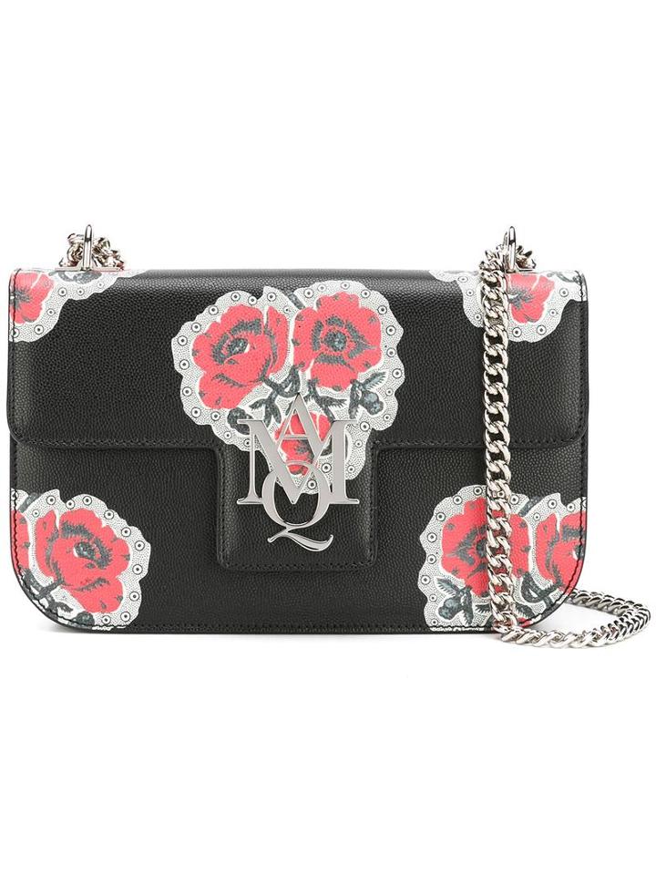 Alexander Mcqueen Insignia Poppy Print Chain Satchel, Women's, Black, Calf Leather/metal (other)