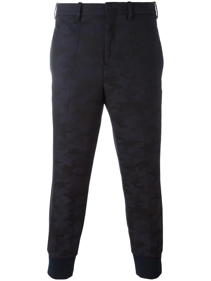 Neil Barrett Camouflage Print Trousers, Men's, Size: 50, Blue, Polyurethane/wool/viscose/spandex/elastane