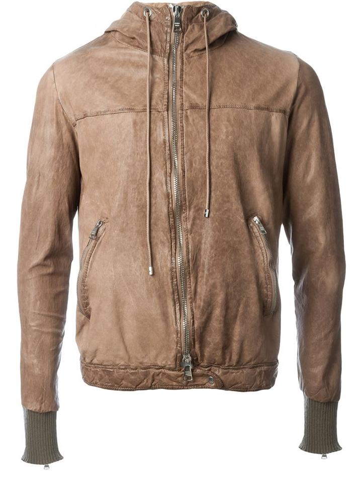Giorgio Brato Hooded Leather Jacket, Men's, Size: 54, Brown, Leather/cotton/nylon
