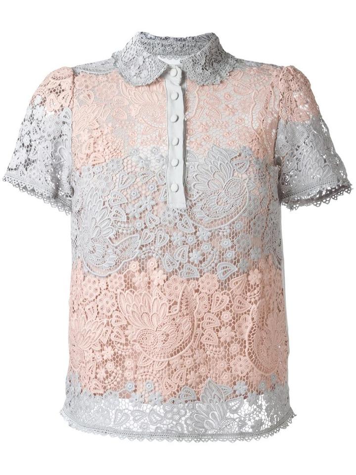 Red Valentino Shortsleeved Macramé Polo Top, Women's, Size: 42, Grey, Cotton/silk/polyester