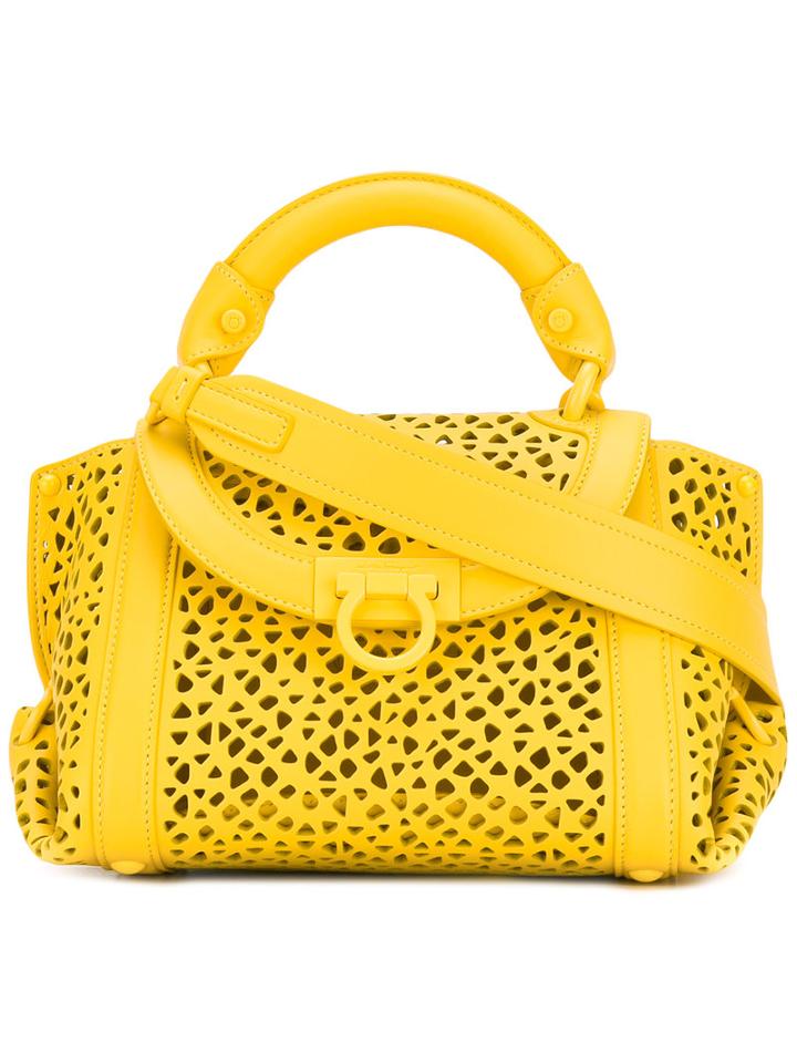 Salvatore Ferragamo - Laser-cut Sofia Shoulder Bag - Women - Calf Leather - One Size, Yellow/orange, Calf Leather