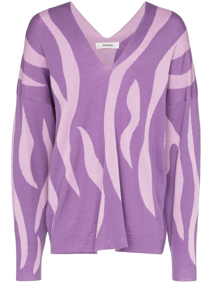 Sulvam Striped Wool V-neck Sweater - Purple