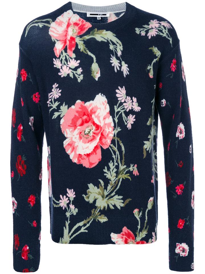 Mcq Alexander Mcqueen - Floral Print Crew Jumper - Men - Wool - S, Blue, Wool