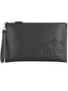 Prada Logo Embossed Zipped Clutch - Black