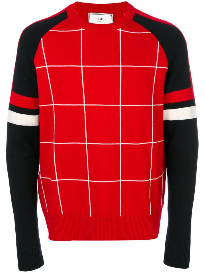Ami Alexandre Mattiussi - Intarsia Grid Jumper - Men - Polyamide/merino - M, Red, Polyamide/merino