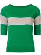 Guild Prime - Striped Half Sleeve Sweater - Women - Rayon/cotton - 34, Green, Rayon/cotton