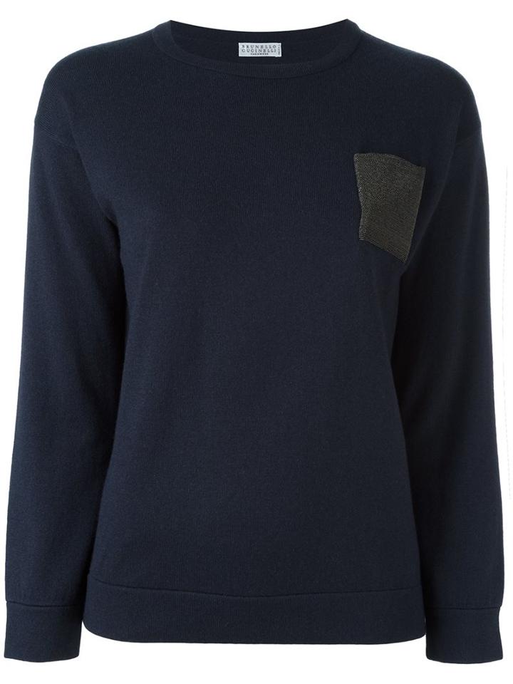 Brunello Cucinelli Chest Pocket Jumper, Women's, Size: Large, Blue, Silk/cashmere/brass/virgin Wool