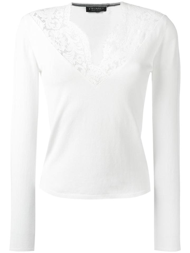 Twin-set Lace V-neck Jumper, Women's, Size: Xl, White, Cotton/polyamide/spandex/elastane