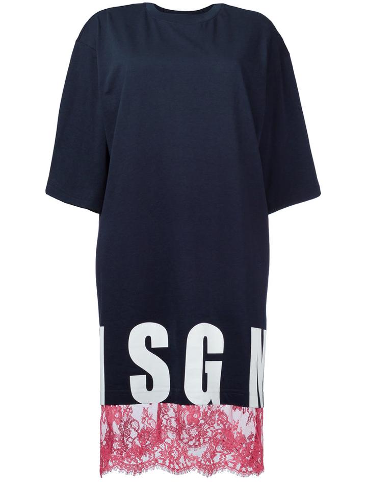 Msgm - Lace Detail T-shirt Dress - Women - Cotton - Xs, Women's, Blue, Cotton