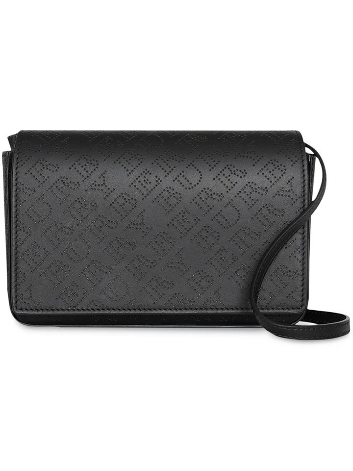 Burberry Perforated Logo Leather Wallet With Detachable Strap - Black