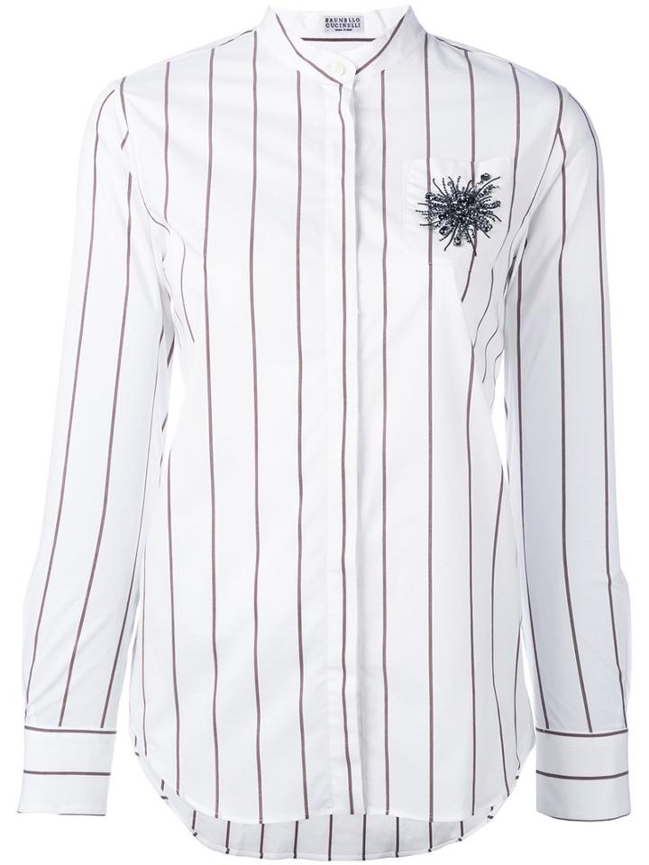 Brunello Cucinelli - Embellished Chest Striped Shirt - Women - Cotton/spandex/elastane - Xl, Women's, White, Cotton/spandex/elastane
