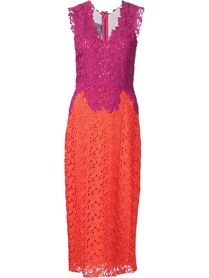Monique Lhuillier Lace V Neck Two Tone Fitted Dress