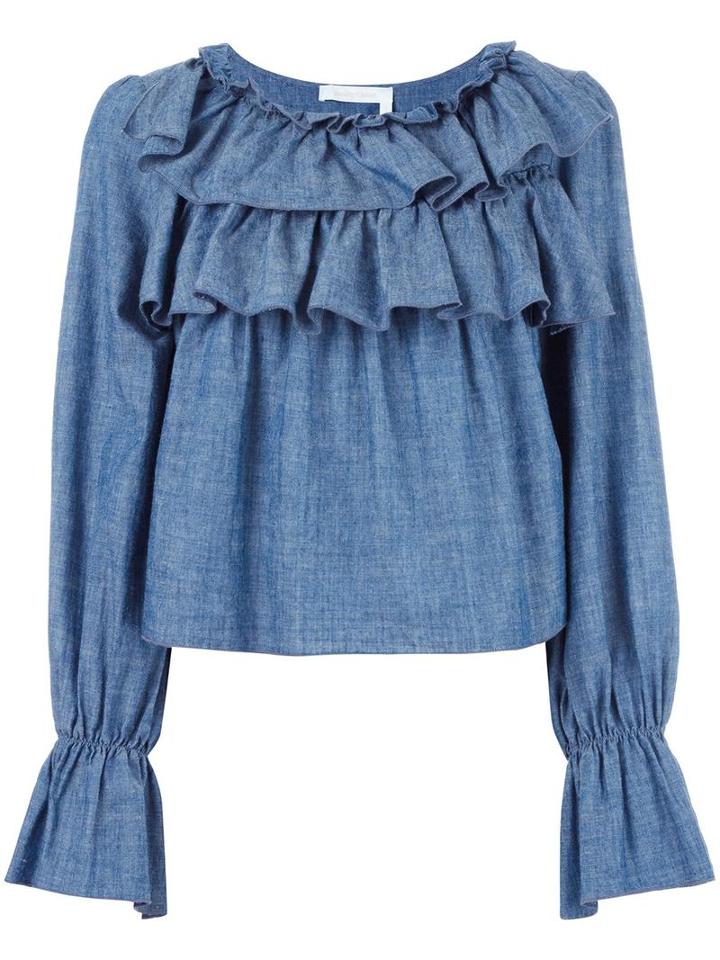 See By Chloé Tiered Ruffle Blouse, Women's, Size: 38, Blue, Cotton/linen/flax/viscose