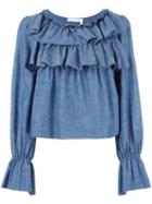 See By Chloé Tiered Ruffle Blouse, Women's, Size: 38, Blue, Cotton/linen/flax/viscose