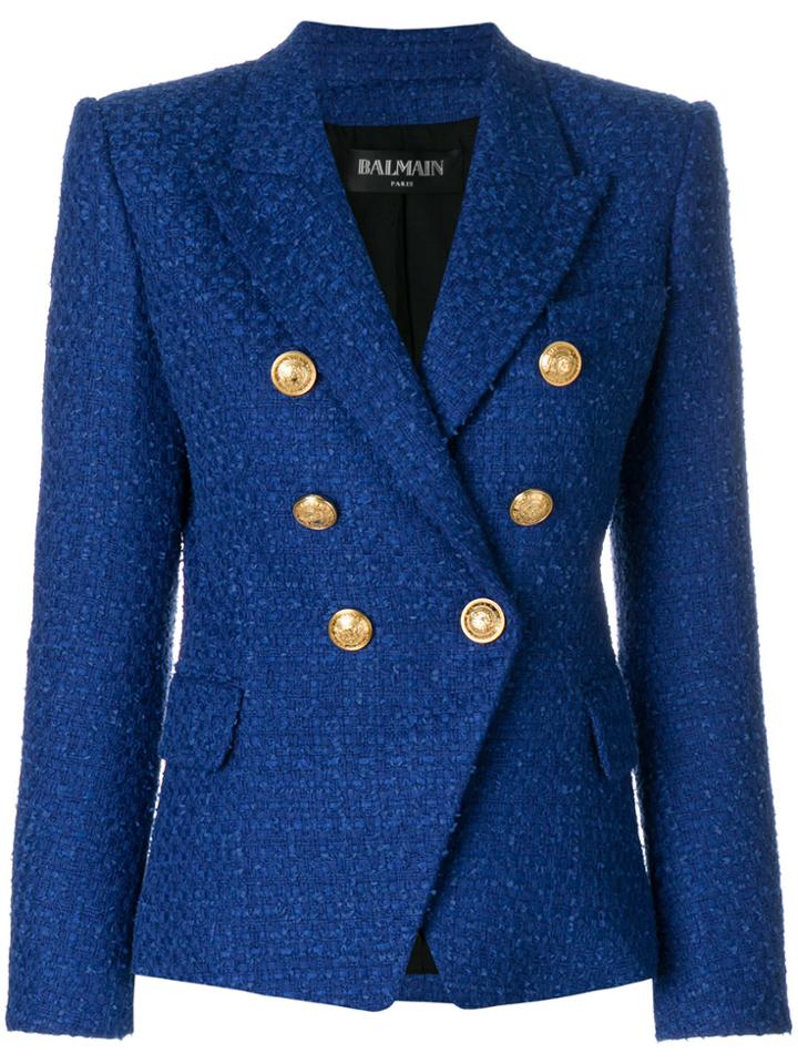 Balmain Double-breasted Tweed Blazer - Blue