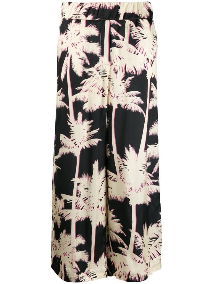 White Sand Palm Print Cropped Trousers - Black