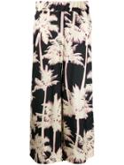 White Sand Palm Print Cropped Trousers - Black