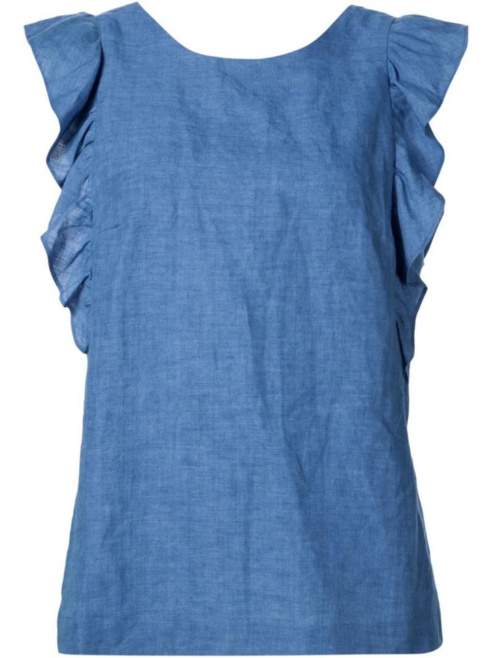 Mih Jeans Ruffle Sleeve Shirt, Women's, Size: Large, Blue, Linen/flax/cotton