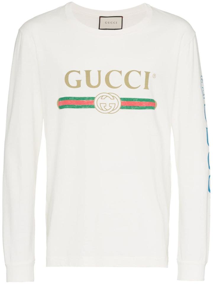 Gucci Dragon Embroidered Logo Print Cotton T Shirt - Nude & Neutrals