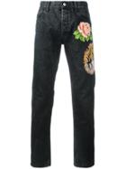 Gucci Tiger And Floral Appliqué Tapered Jeans - Black