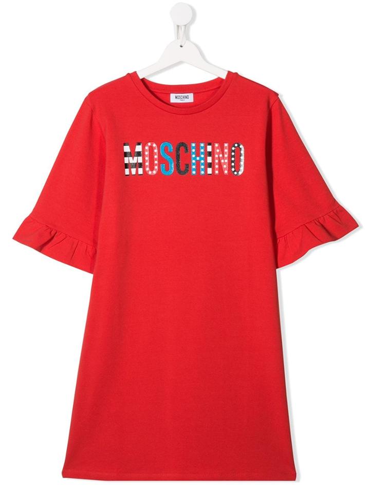 Moschino Kids Logo Print Frilled Cuff T-shirt Dress - Red