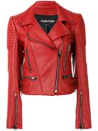 Tom Ford - Ribbed Detail Biker Jacket - Women - Silk/lamb Skin - 40, Red, Silk/lamb Skin