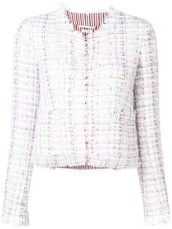 Thom Browne Ribbon Tweed Frayed Cardigan Jacket - White