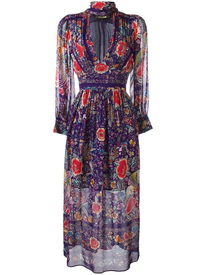 Roberto Cavalli Printed V-neck Dress, Women's, Size: 42, Pink/purple, Silk