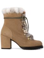 Stuart Weitzman Fur Lace-up Ankle Boots - Brown