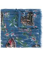 Saint Laurent Car Print Drape Scarf, Men's, Blue, Silk/cashmere