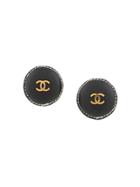 Chanel Vintage Leather Round Cc Earrings - Black