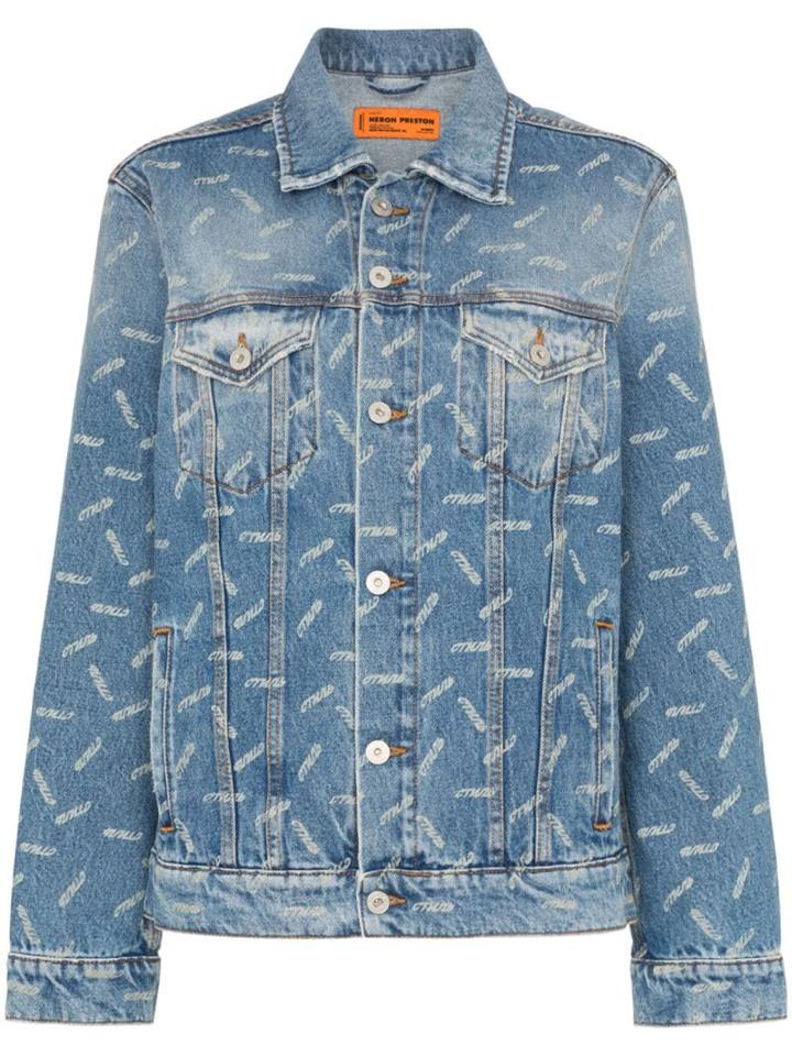 Heron Preston Ctnmb-print Denim Jacket - Blue