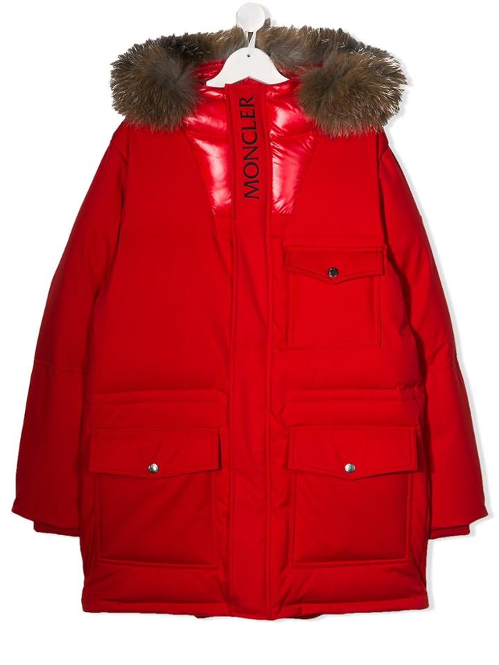 Moncler Kids Logo Lined Parka Coat - Red