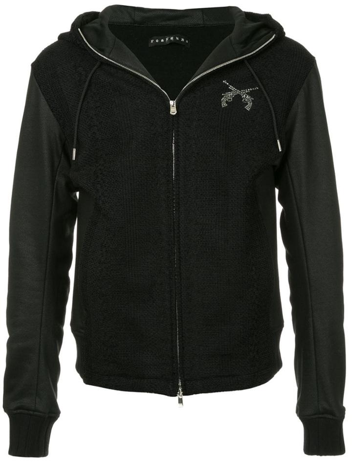 Roarguns Rhinestone Crest Knit And Faux Leather Hoodie - Black