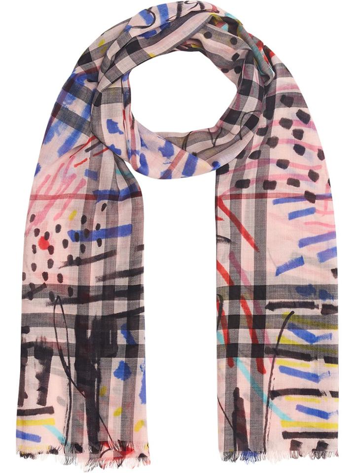 Burberry Graffiti Print Check Wool Silk Scarf - Pink & Purple