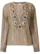 Manoush Lurex Striped Embroidered Blouse - Brown