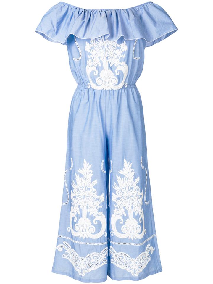 Black Coral Ruffle Trim Embroidered Jumpsuit - Blue