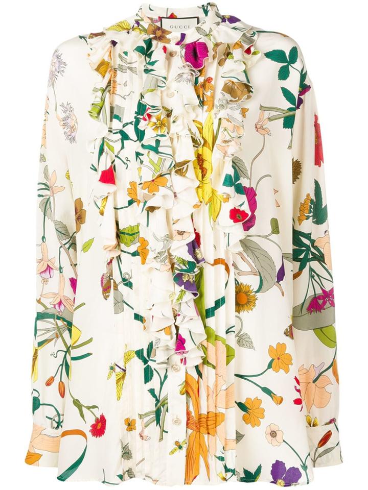 Gucci Ruffle Trim Floral Shirt - Neutrals