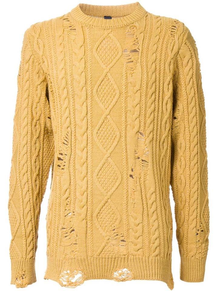 Miharayasuhiro Distressed Aran Knit Jumper, Men's, Size: 46, Yellow/orange, Acrylic/wool