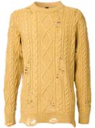 Miharayasuhiro Distressed Aran Knit Jumper, Men's, Size: 46, Yellow/orange, Acrylic/wool