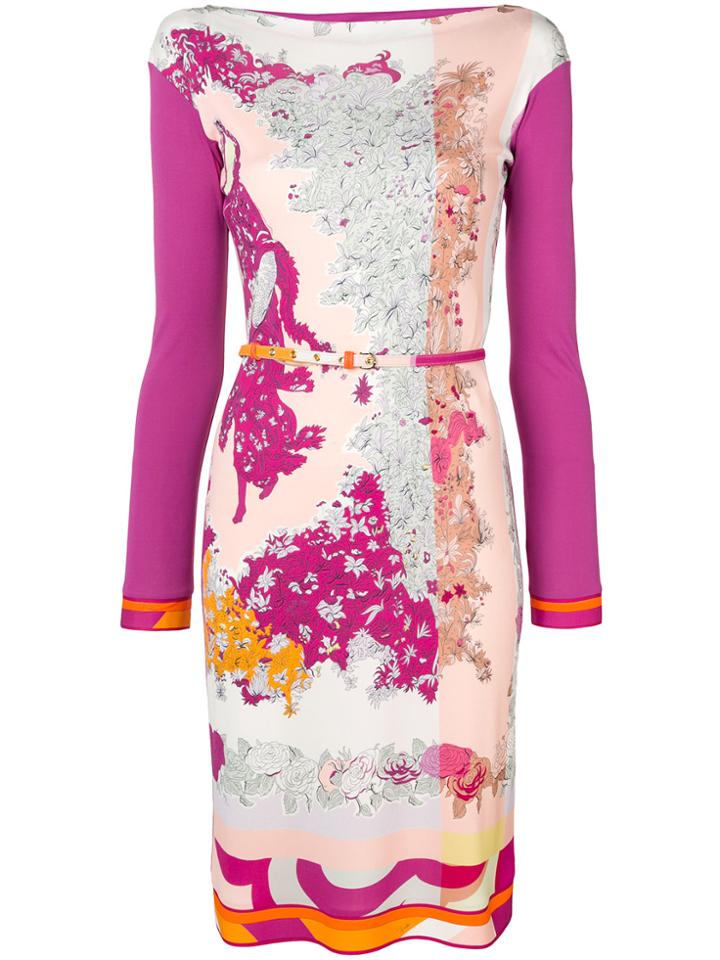 Emilio Pucci Boat Neck Floral Dress - Pink & Purple