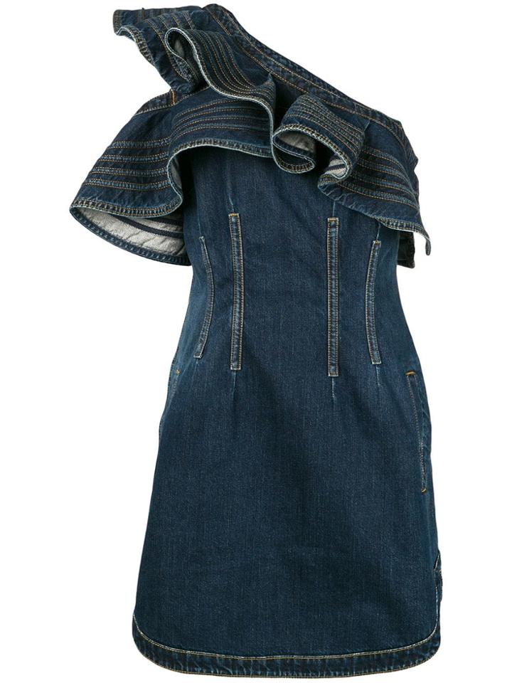 Self-portrait X Lee One-shoulder Ruffled Denim Dress - Blue