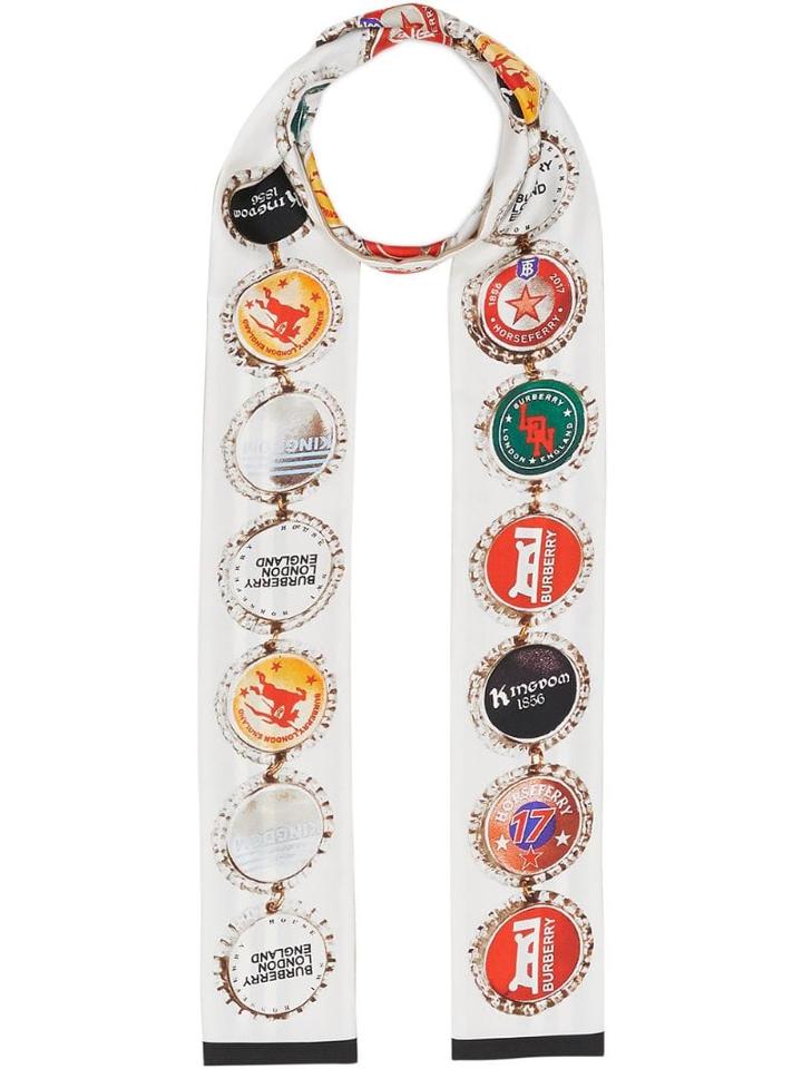 Burberry Bottle Cap And Icon Stripe Print Silk Skinny Scarf - White