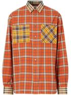 Burberry Contrast Check Cotton Flannel Oversized Shirt - Orange