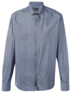 Giorgio Armani Striped Zip Up Shirt, Men's, Size: 40, Blue, Silk/cotton/polyamide