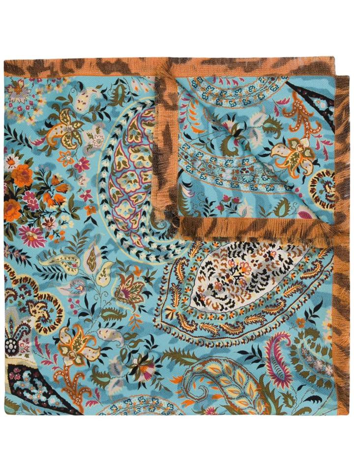 Etro Leopard And Floral Print Scarf - Blue