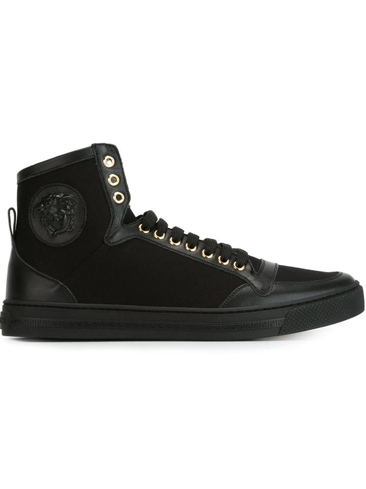 Versace Lace-up Hi-top Sneakers, Men's, Size: 41, Black, Cotton/calf Leather/rubber