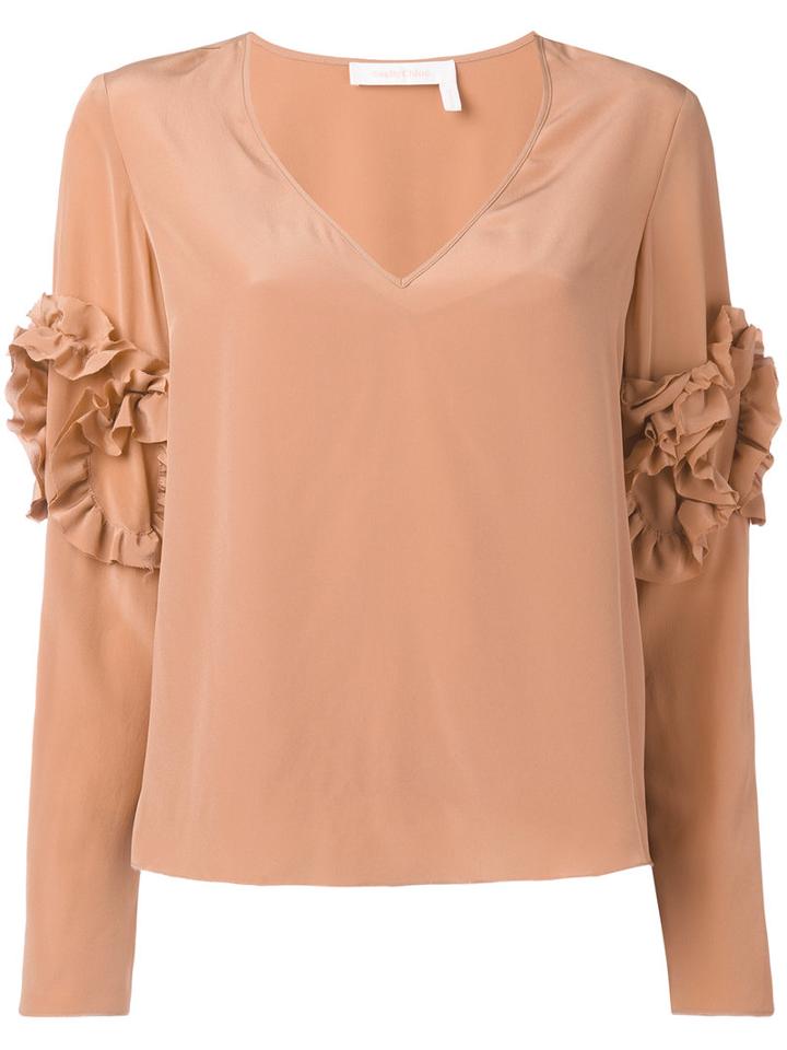 See By Chloé - Ruffle Sleeve Blouse - Women - Silk/viscose - 36, Nude/neutrals, Silk/viscose