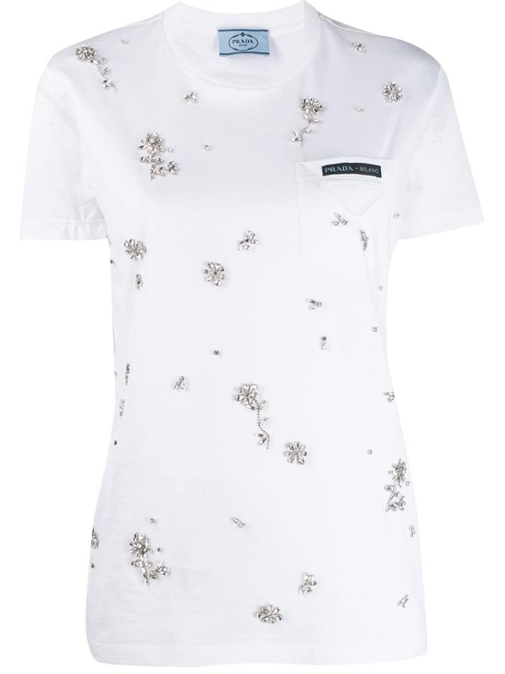 Prada Flower Crystal Appliqué T-shirt - White